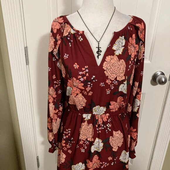 LOFT Burgundy peach black floral print long sleeve v-neck dress ~ SMALL MEDIUM - Picture 4 of 14
